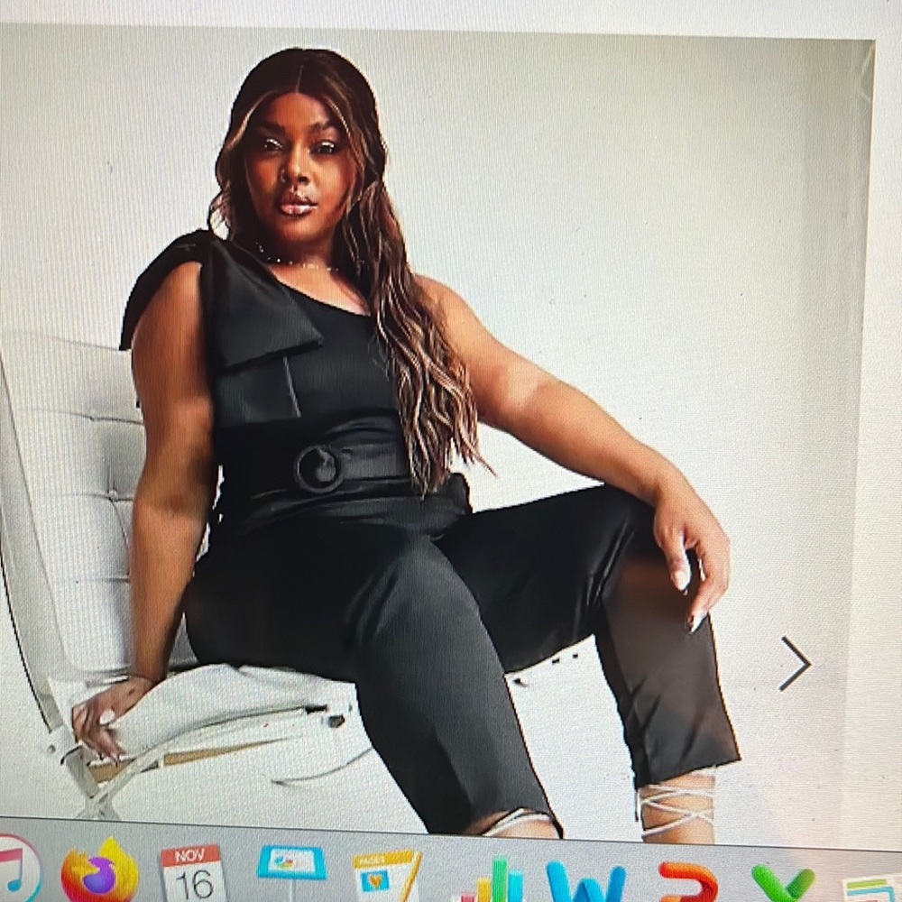 ASOS DESIGN Curve scuba bow one shoulder belted jumpsuit in black.